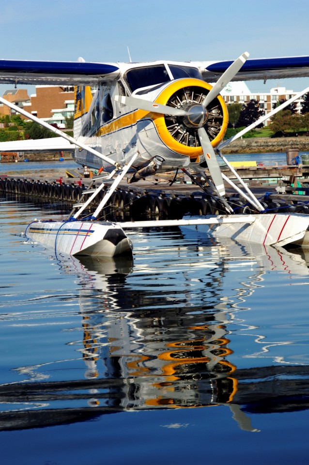 Float plane sitting in water next to dock.